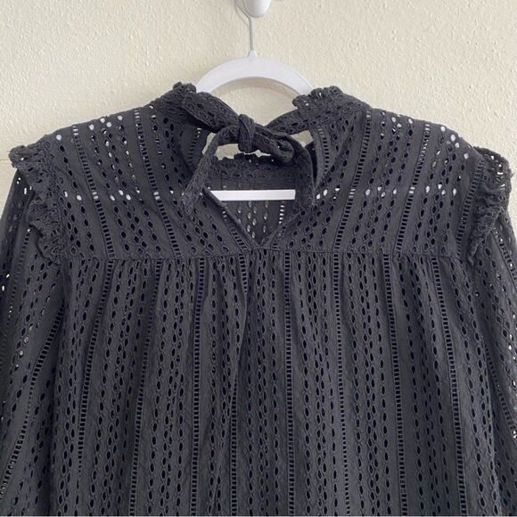 Madewell Mockneck Eyelet Ruffle Long Sleeve Peasant Top Size S Black Fairy Goth - Picture 11 of 11